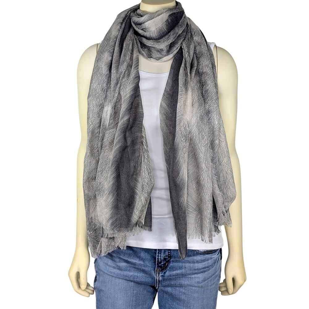 Eyelash Fringe Festival Scarf Multi Wear Wrap Feather Print Semi Sheer Boho Chic